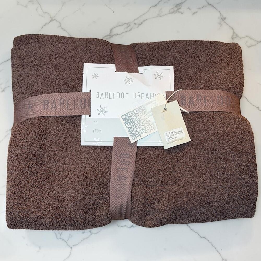 Barefoot Dreams NWT CozyChic Stacked Rib Border Blanket Sable 45 x 60